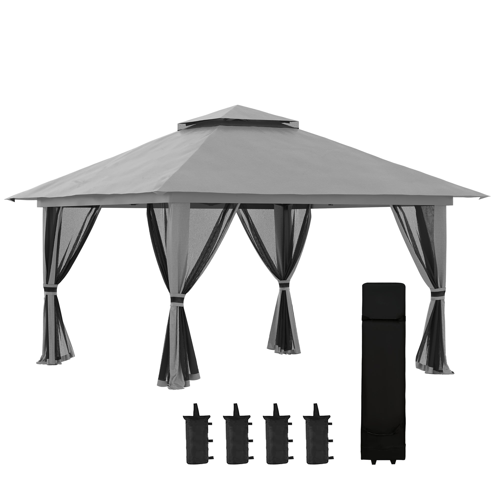 Folding Pavilion 4x4m Pop-Up Double Roof UV Protection Mesh Walls Dark Grey