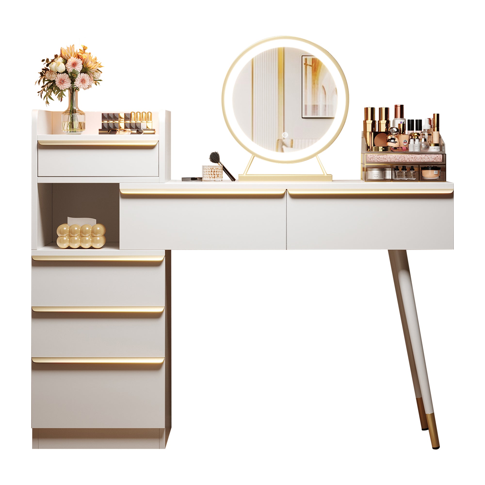 Dressing table with extendable tabletop, 6 drawers, gold handles, LED mirror, dimmable light, white