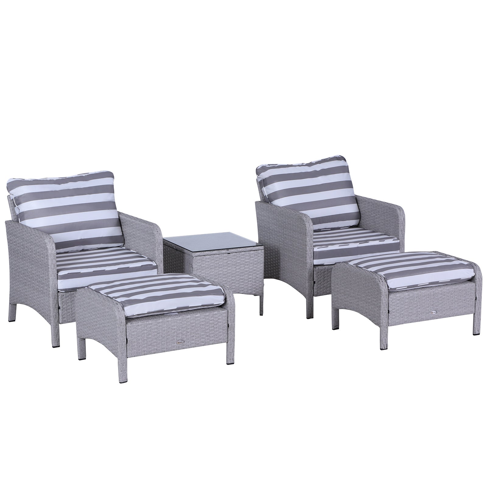 5 Pieces PE Rattan Garden Furniture Set with 10cm Padded Cushions, Glass Top Table, Grey and White Rattan