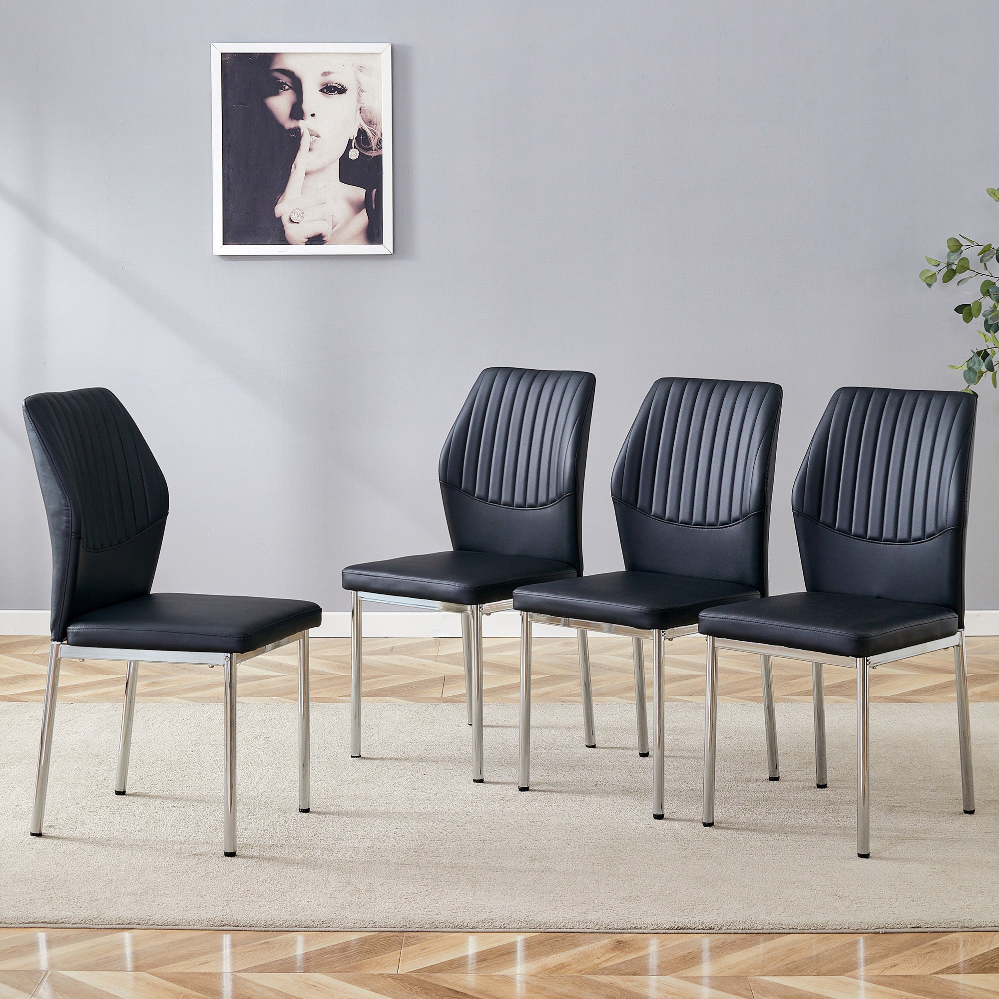 Set of 4 Stylish Dining Chairs with Vertical Embossing and Metal Legs, Black and Silver