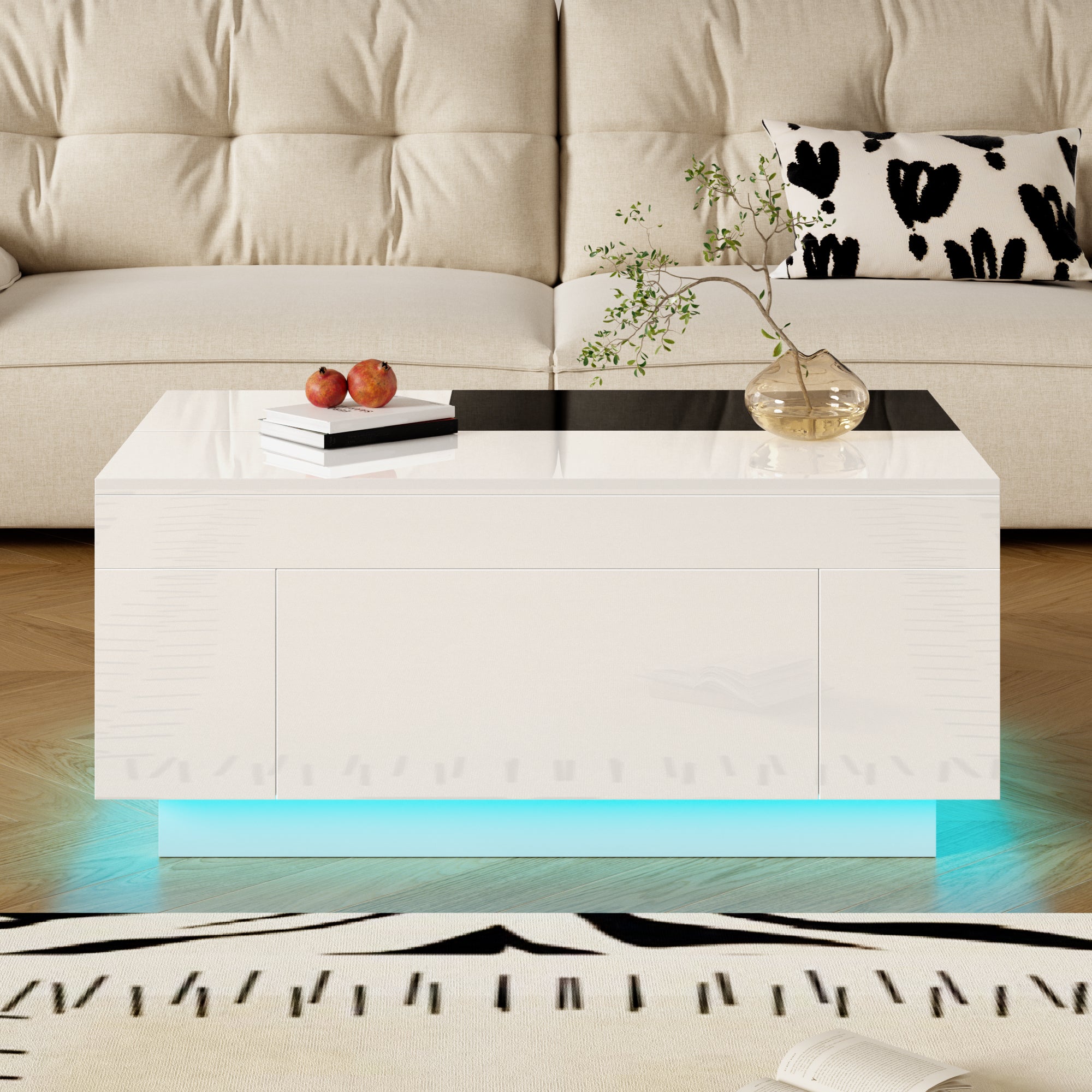 Coffee Table with LED Lighting, Extendable Tabletop, Storage - Black and White