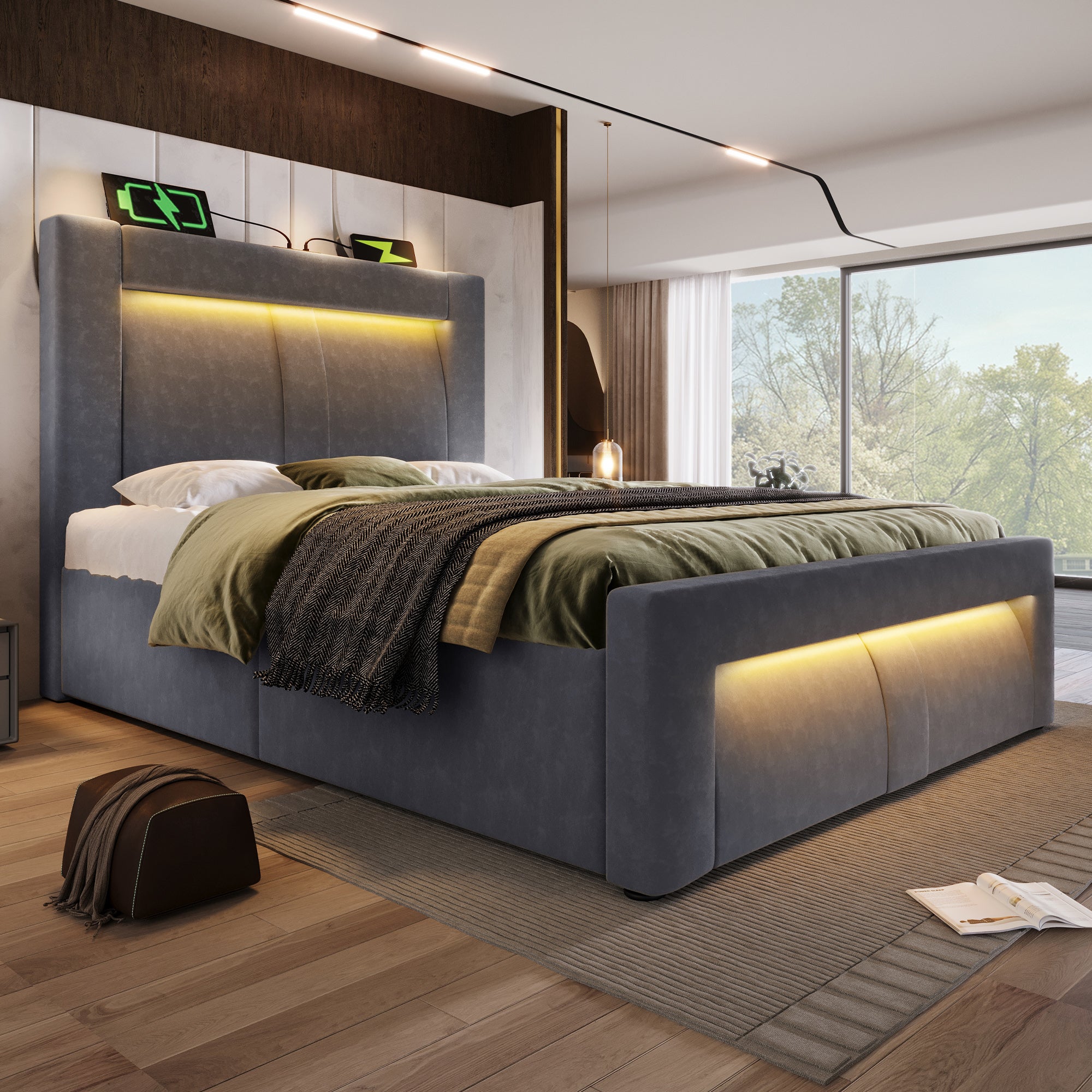 Single Bed 90x200cm Hydraulic Storage LED App USB/Type-C Velvet Grey