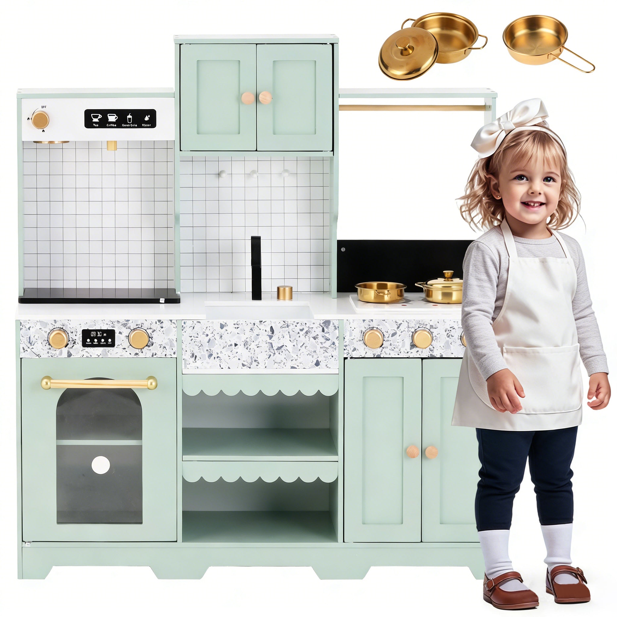 Children's Play Kitchen with Accessories and Creative Design, Green Wood and Plastic