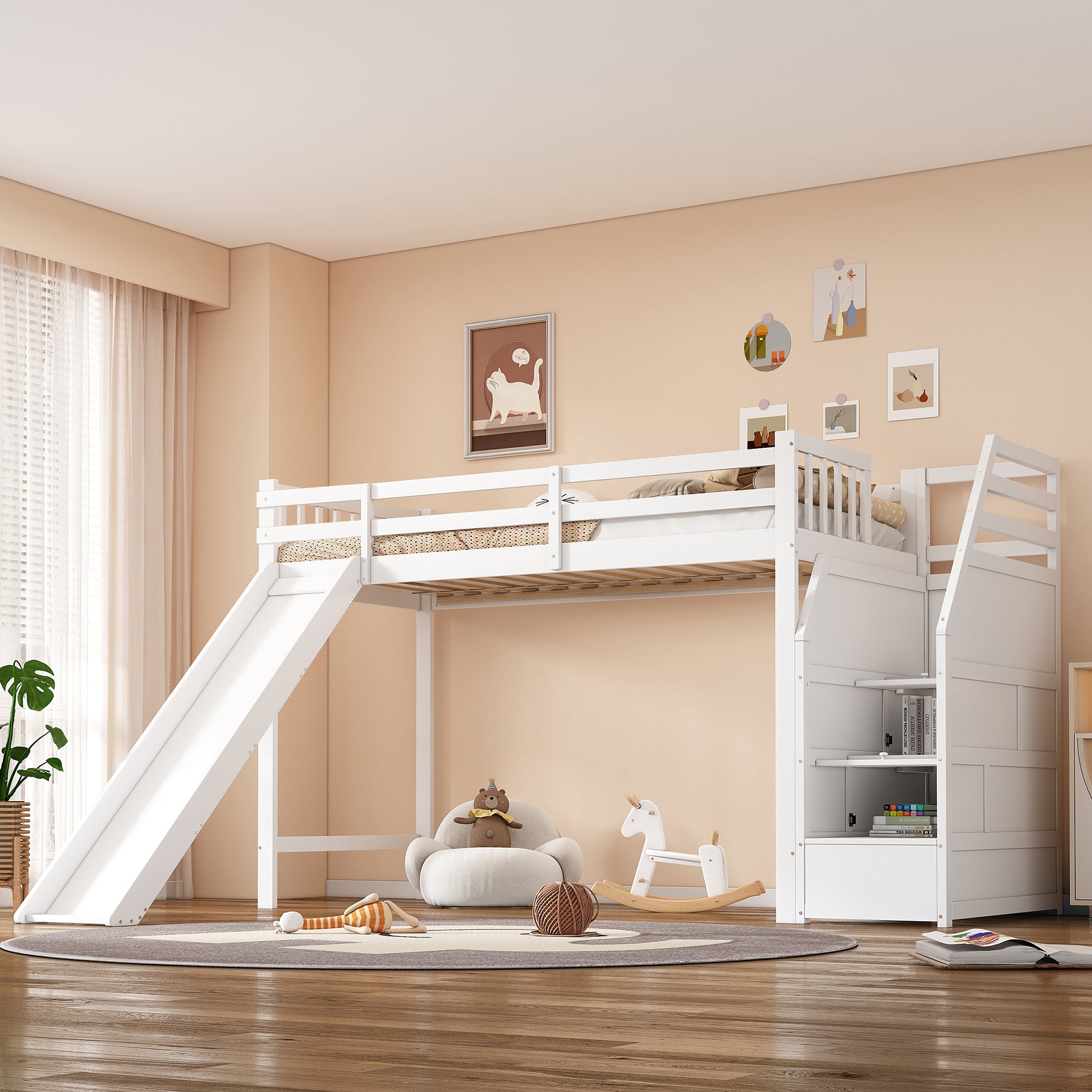 Bunk Bed 90x200cm Slide Removable Railing Storage Ladder - White