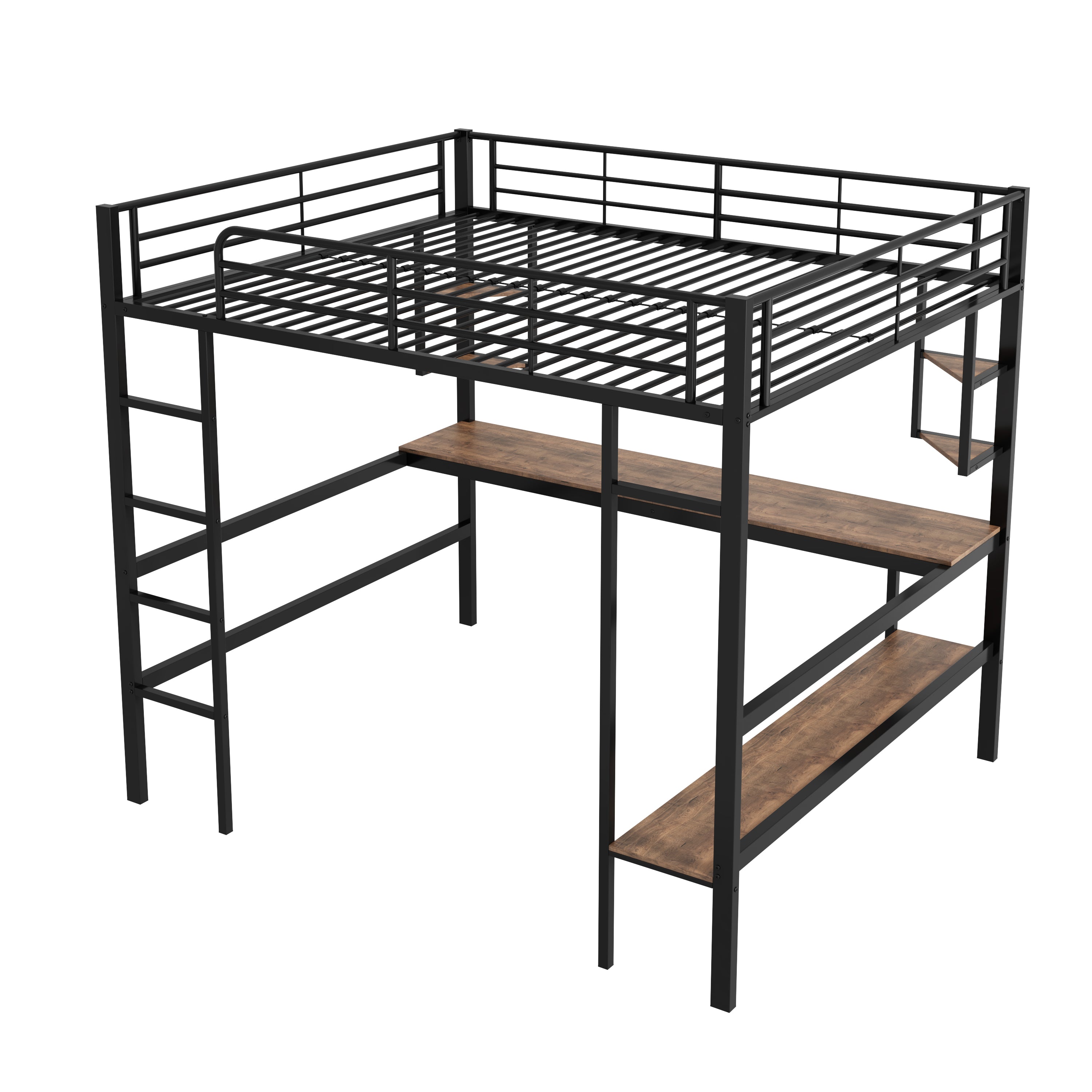 Loft Bed 140x200cm Metal Frame with Desk Shelves & Bookcase - Black