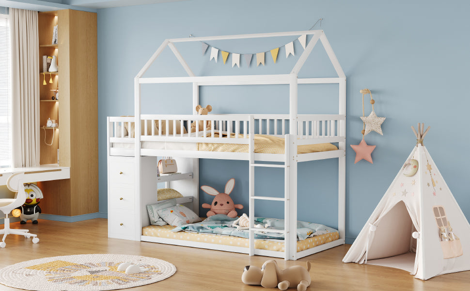 Bunk Bed, House Shape with Storage and Ladder, Solid Wood, White
