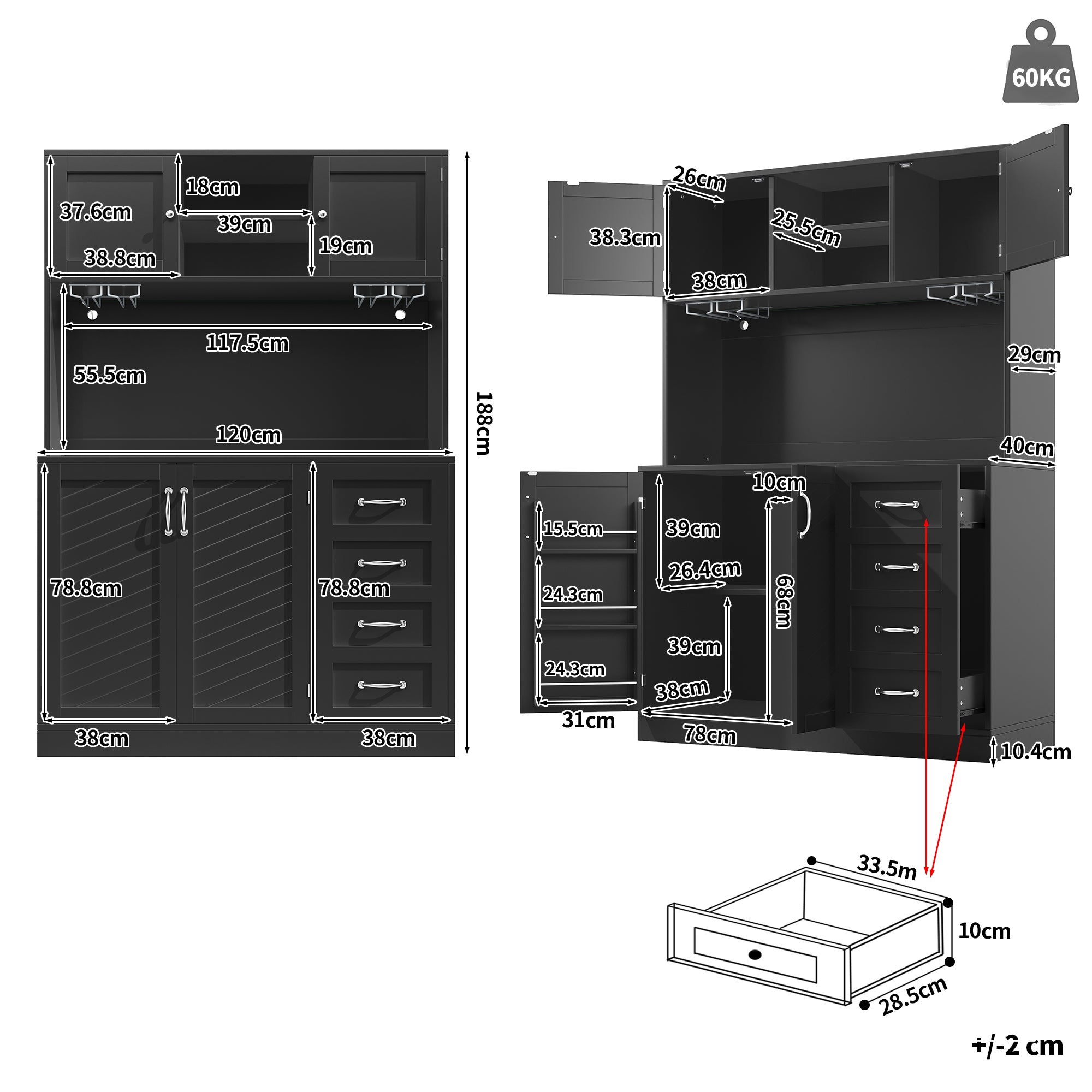 Sideboard Buffet Cabinet with LED Lighting and Snack Shelf, Green, Black and White