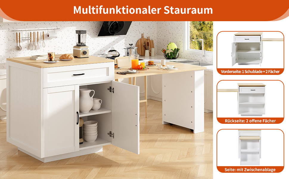 Extendable Bar Table Storage 2 Drawers Side Shelves - White