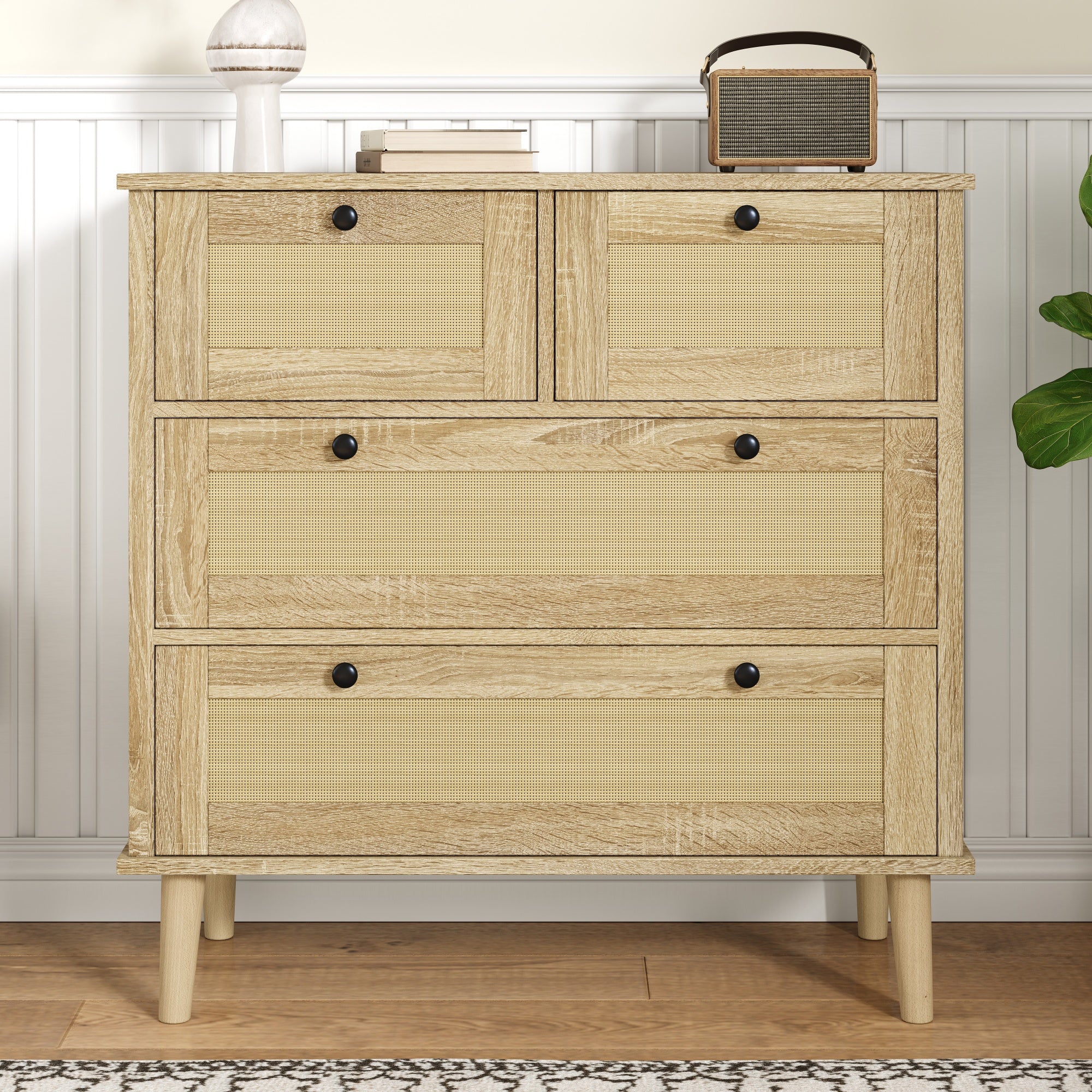 Chest of drawers with four drawers, rattan, solid wood