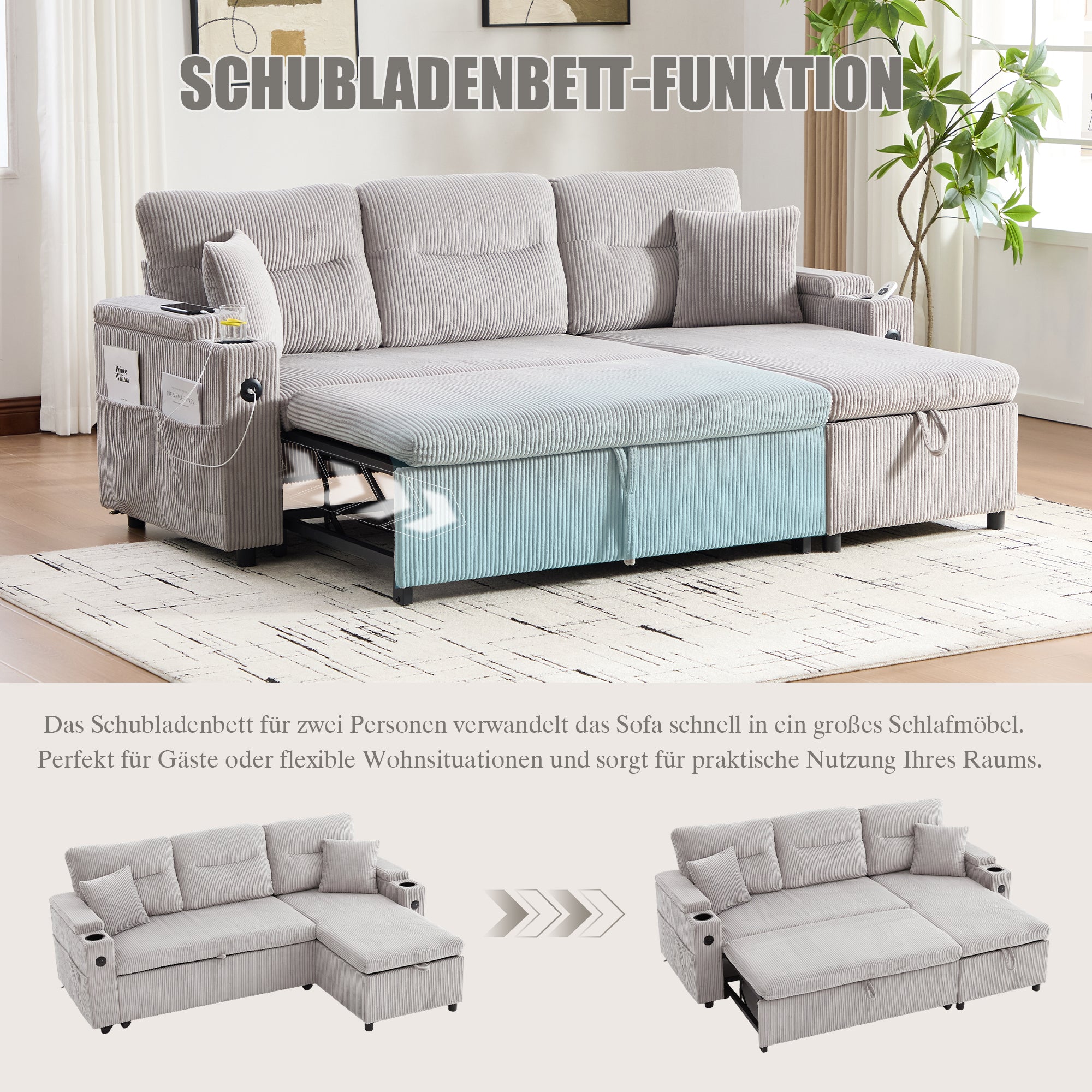 Modern 3-Seater Sofa with Storage, Cup Holders, USB-C and Pull-Out Bed, Corduroy