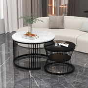 Modern Nesting Coffee Table Set, Round End Tables, Set of 2, Marble Veneer Black Frame