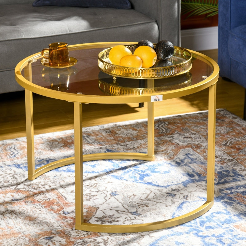 Coffee Table Set of 2, Modern Nesting Tables with Tempered Glass Top, Gold Tone Steel Frame