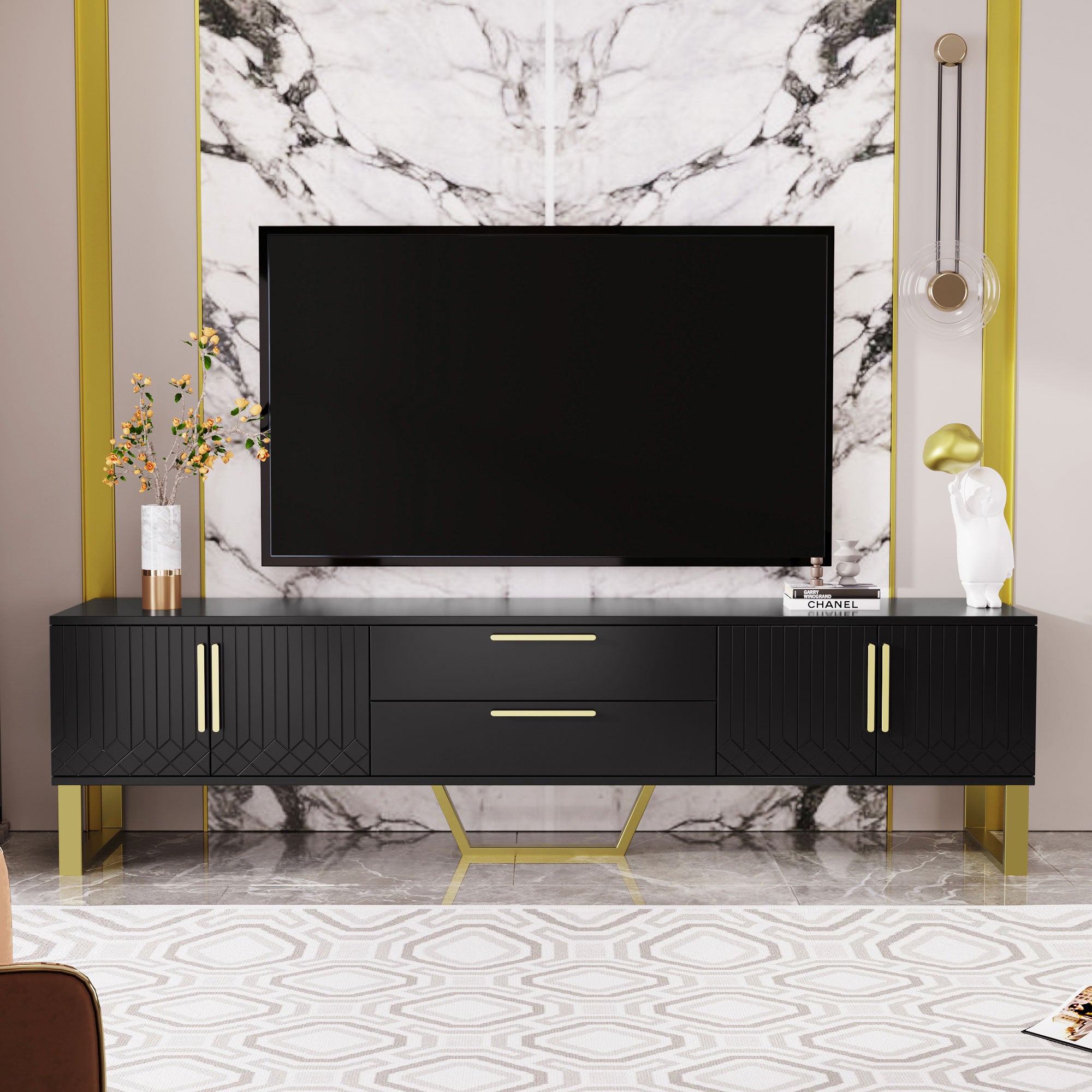 High-gloss TV Cabinet, Gold Handles & Engraved Door, High-Gloss Finish