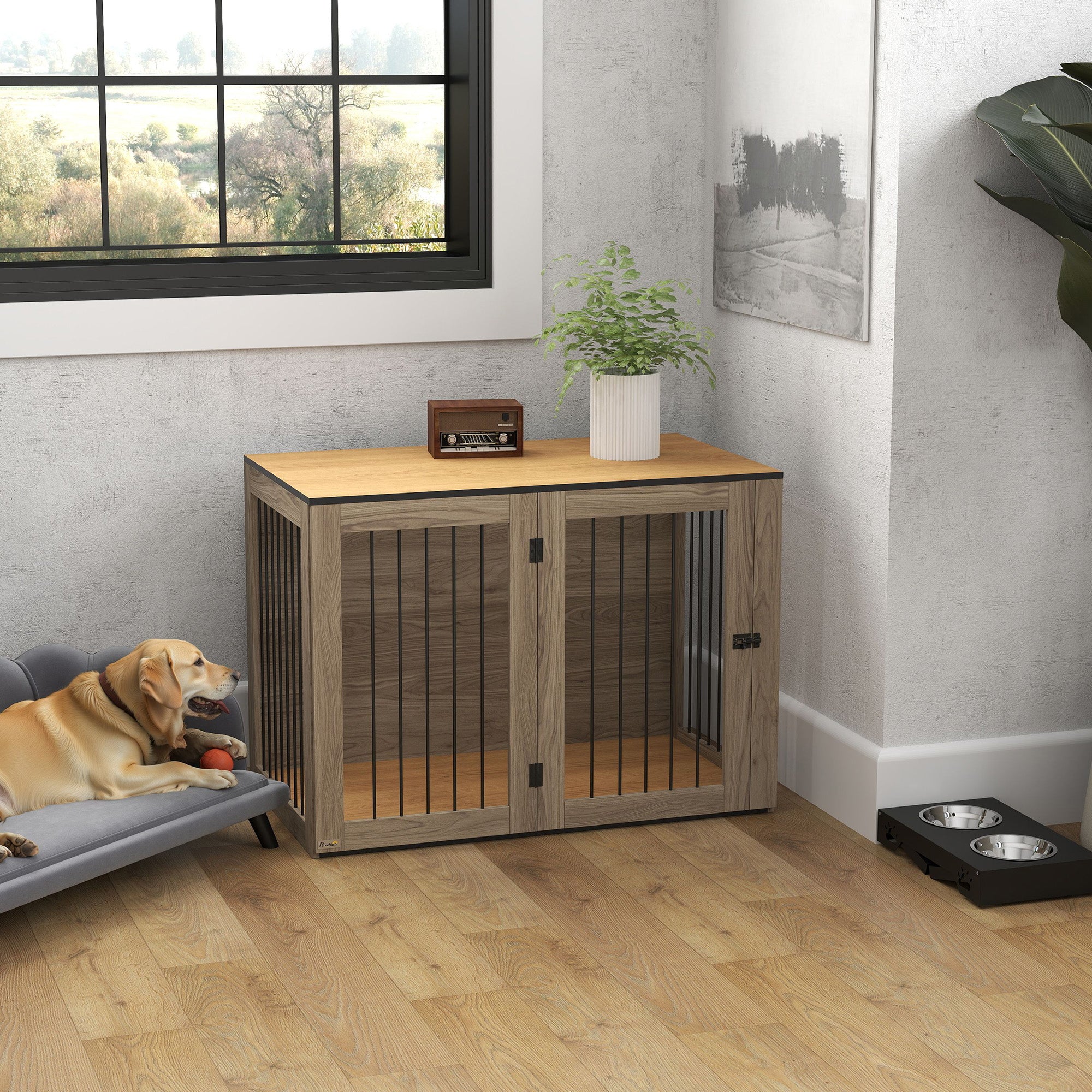 Dog Cage Furniture, Crate with Door & Window, Oak