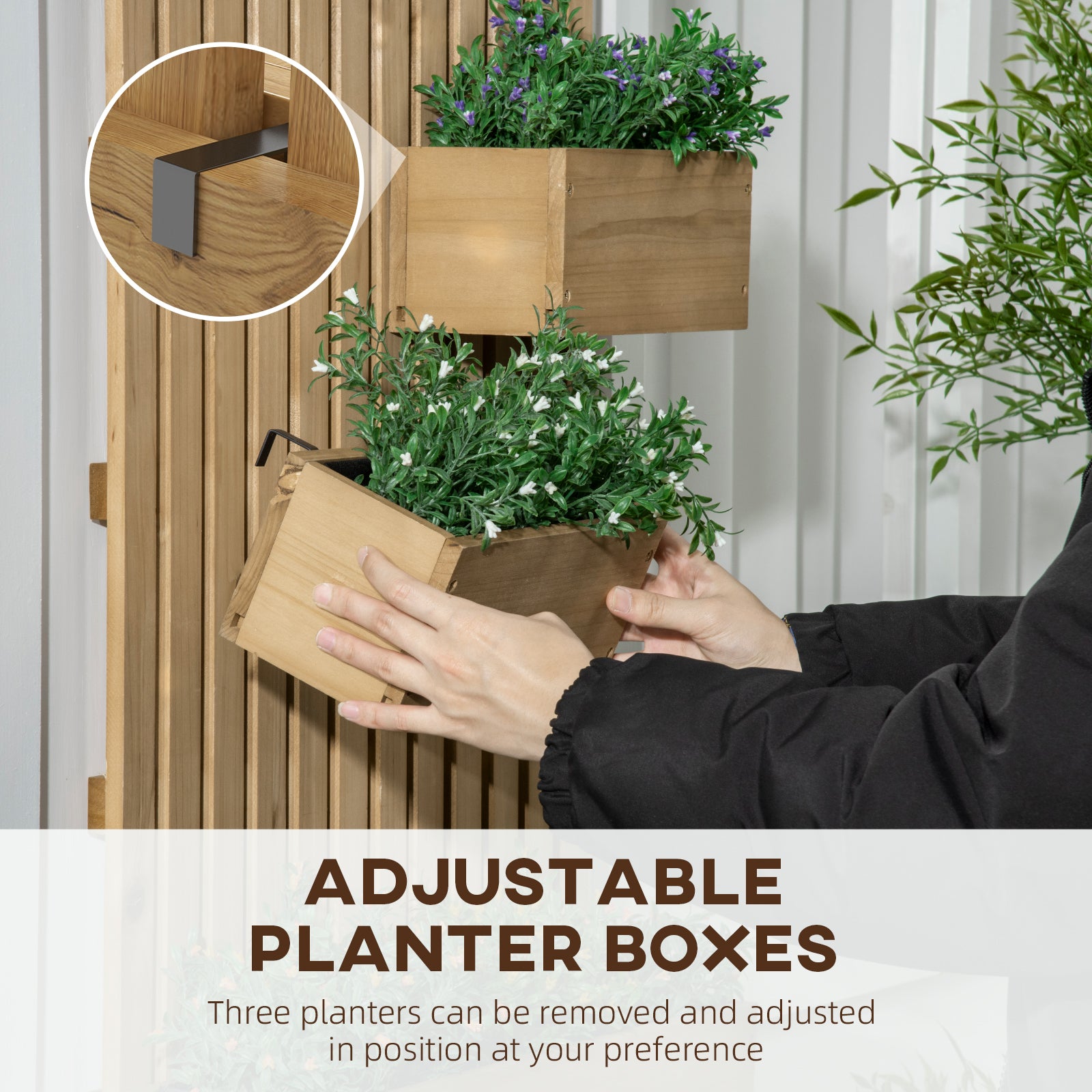 Wall-mounted Garden Planters with Trellis & 3 Planter Boxes, Carbonised Wood