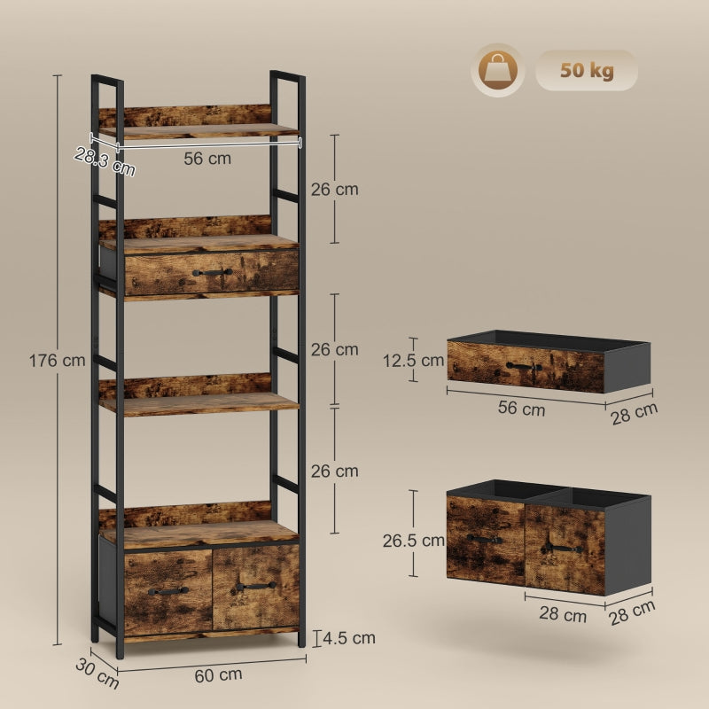 Industrial Style Bookcase, 4 Shelves 3 Fabric Drawers, Brown/Black