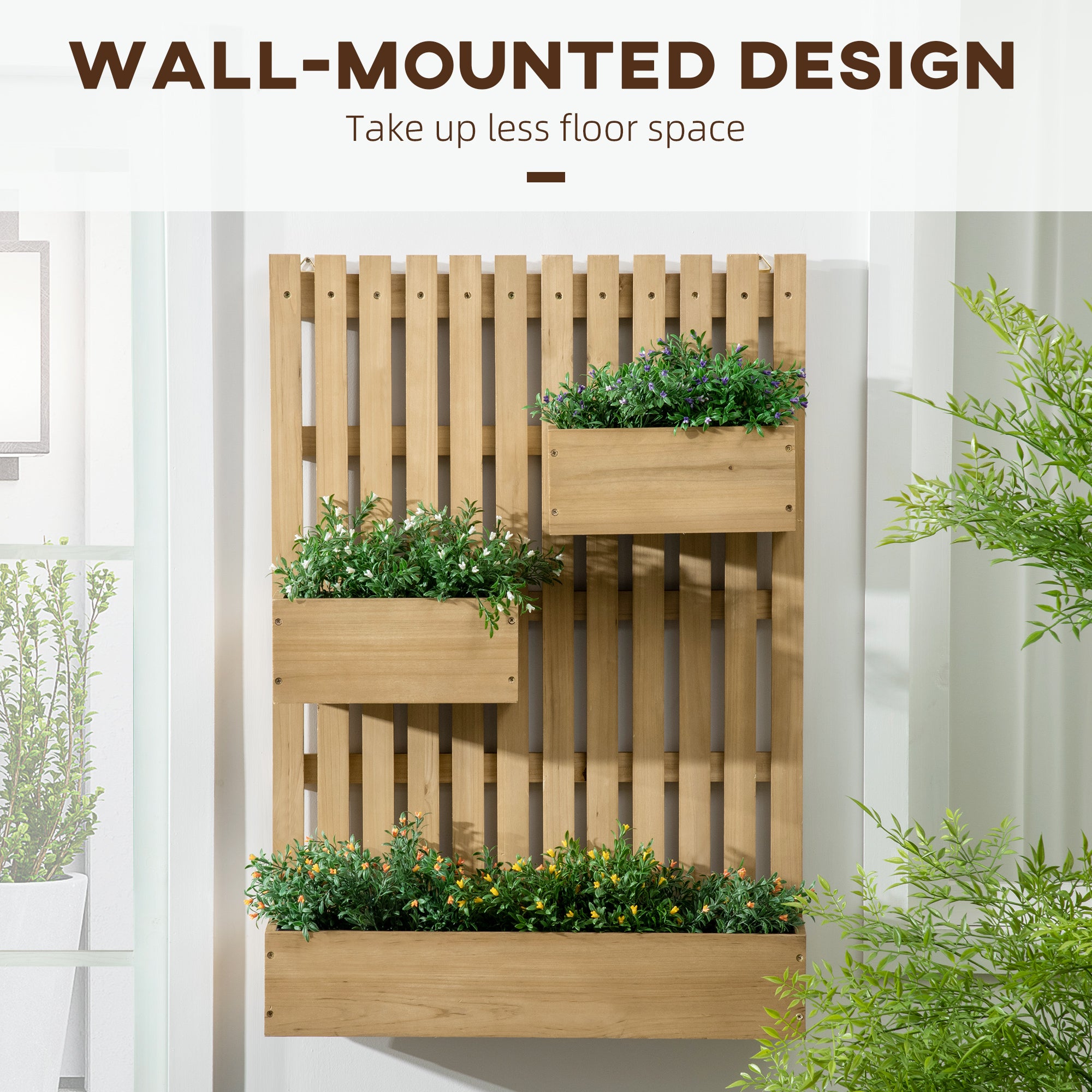 Wall-mounted Planters, Trellis, Drainage Holes, 3 Boxes, Wooden, Natural