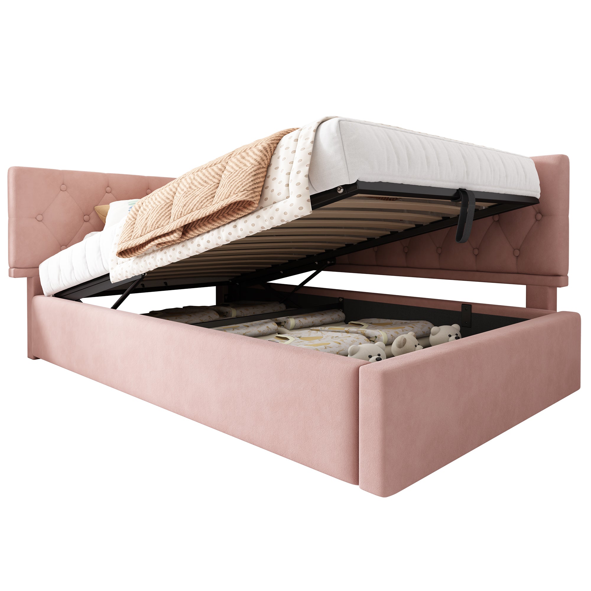 Upholstered Bed Day Bed 90x200cm Sofa Bed with Hydraulic Storage Space, Velvet, Pink