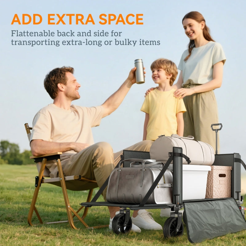 Folding Trolley 150L Collapsible Wagon Openable Sides Adjustable Handle Brakes, Grey