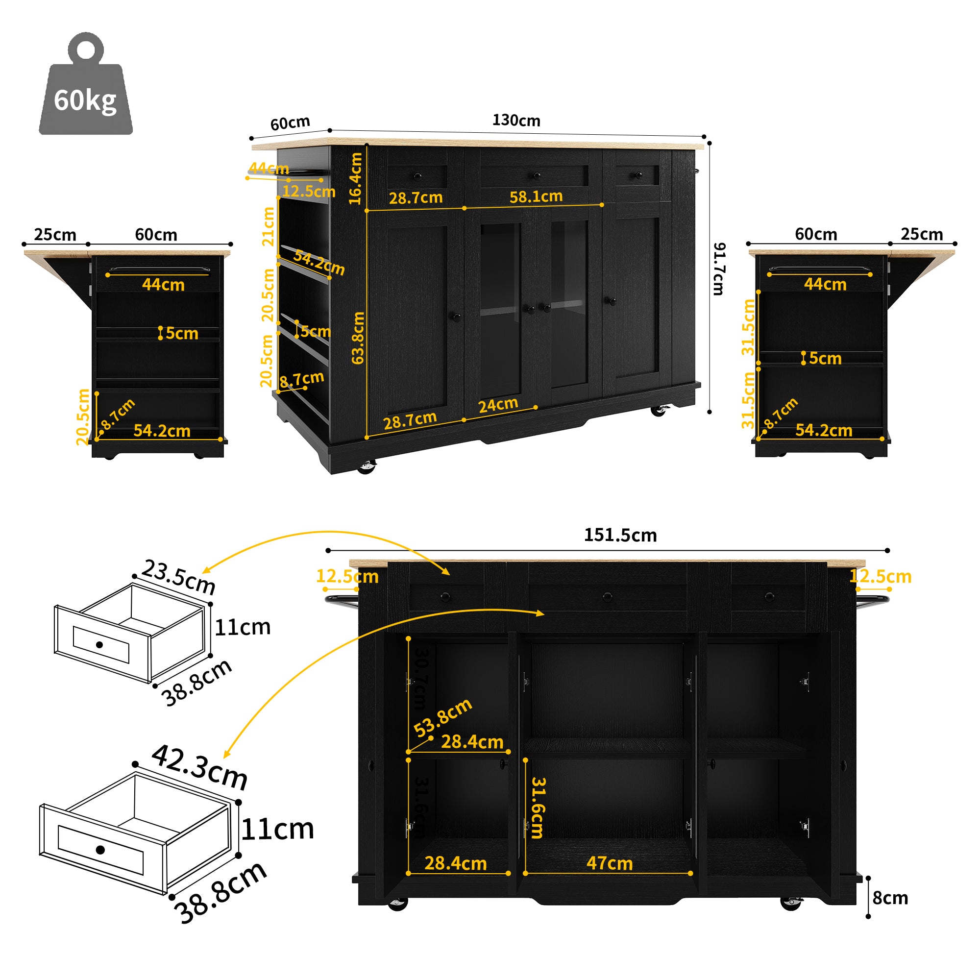 Kitchen Island, Removable Dividers, Dining Cart with Tempered Glass, Black