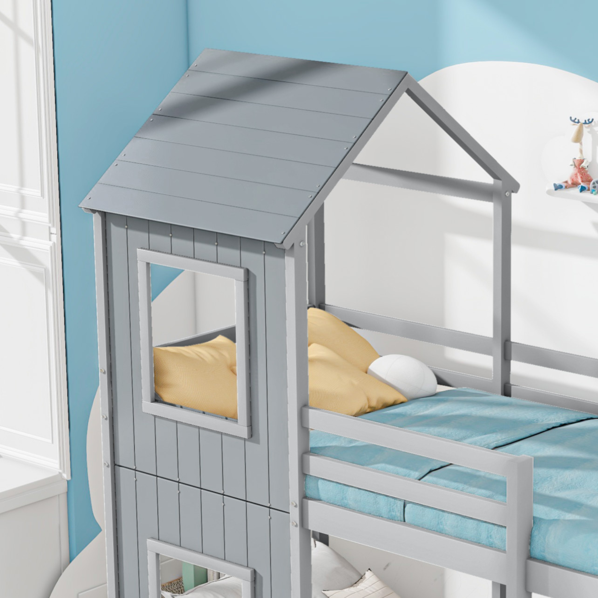 Bunk Bed, House Bed with Ladder & Canopy, Solid Wood, Grey