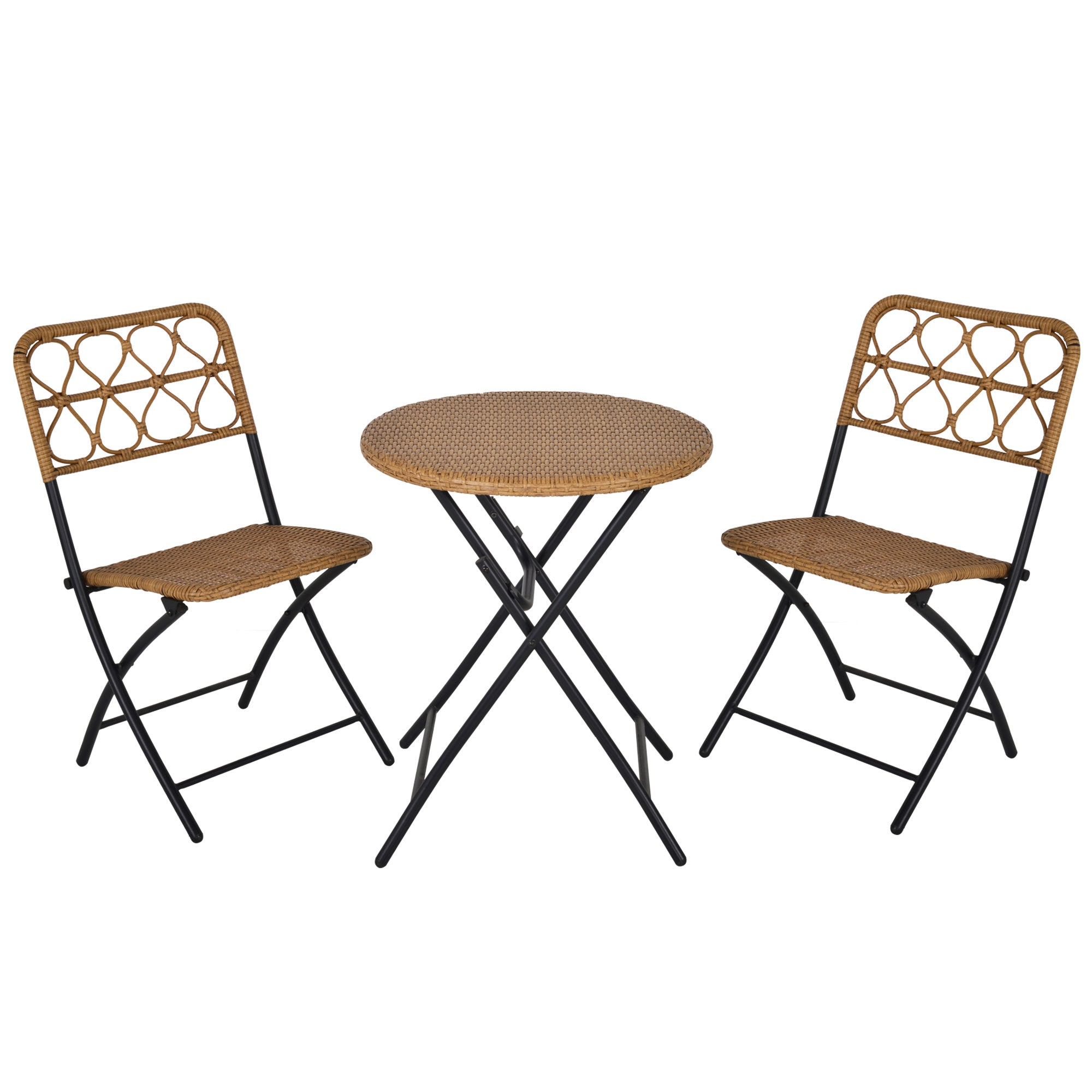 3 pcs Bistro Set, Foldable Rattan Wicker Coffee Table & Chairs, Natural