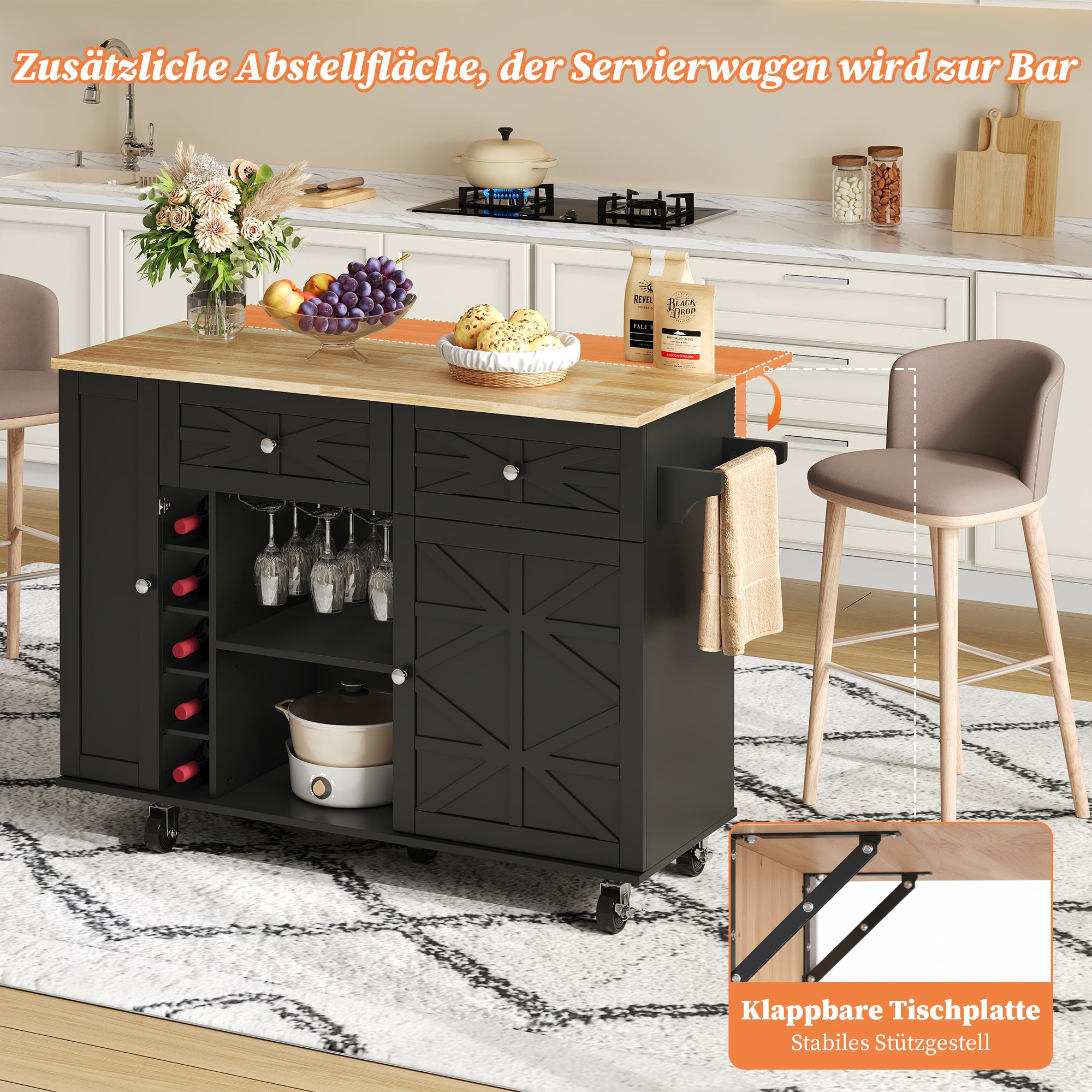 Kitchen Island Mobile Folding Worktop Wine Rack Storage - Black