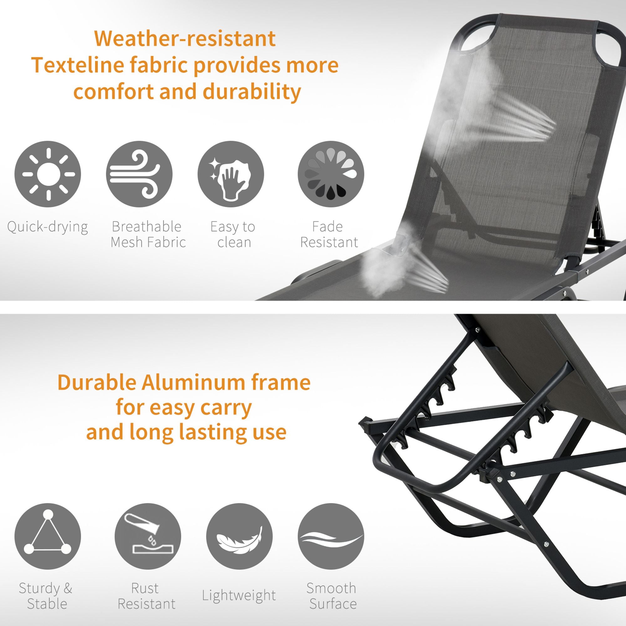 Sun Lounger Relaxed Recliner 5-Position Adjustable Backrest Aluminium Frame, Grey