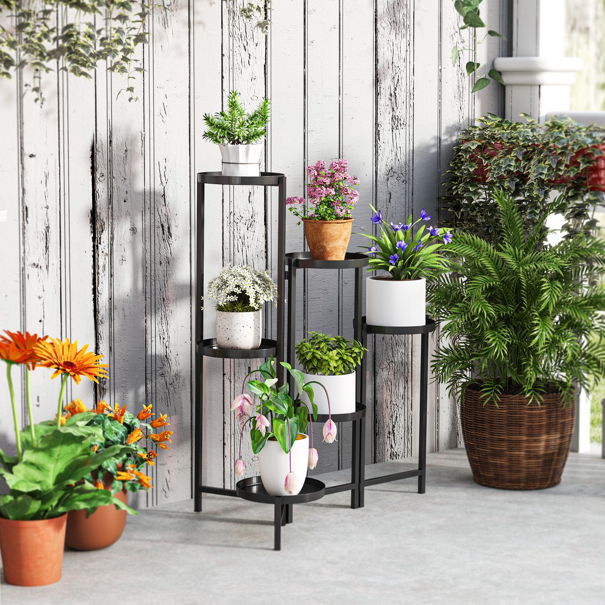 Plant Stand, 6-Tier Foldable Trays 80cm High, Metal Black