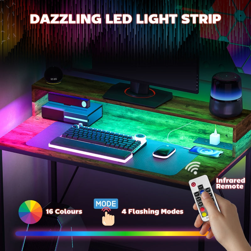 100cm Computer Desk, LED Lights Power Outlets Monitor Stand, Rustic Brown