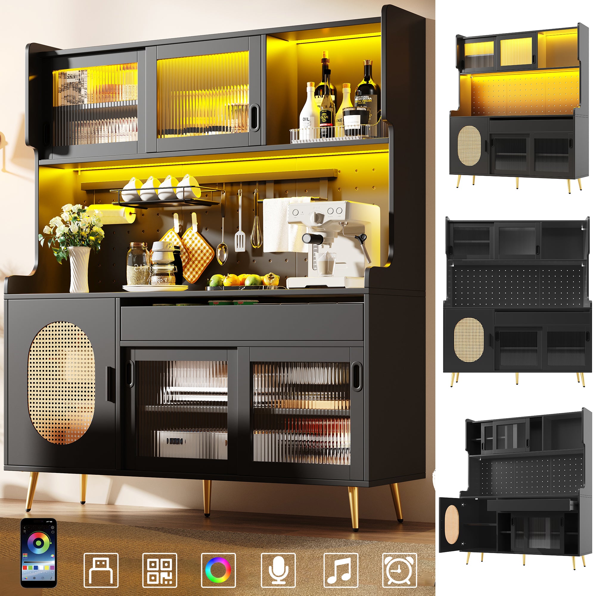 Buffet Cabinet with LED Light Strip and Fluted Glass Doors, Brown and Black