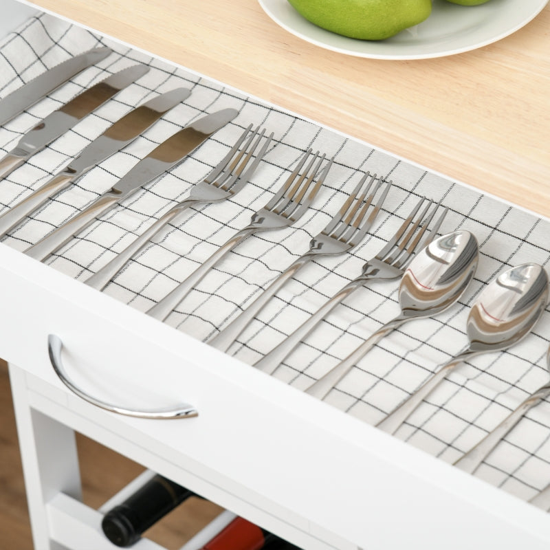 Modern Kitchen Trolley Rolling Island Storage Cart with Wine Rack and Door Cabinets, White/Wooden Countertop