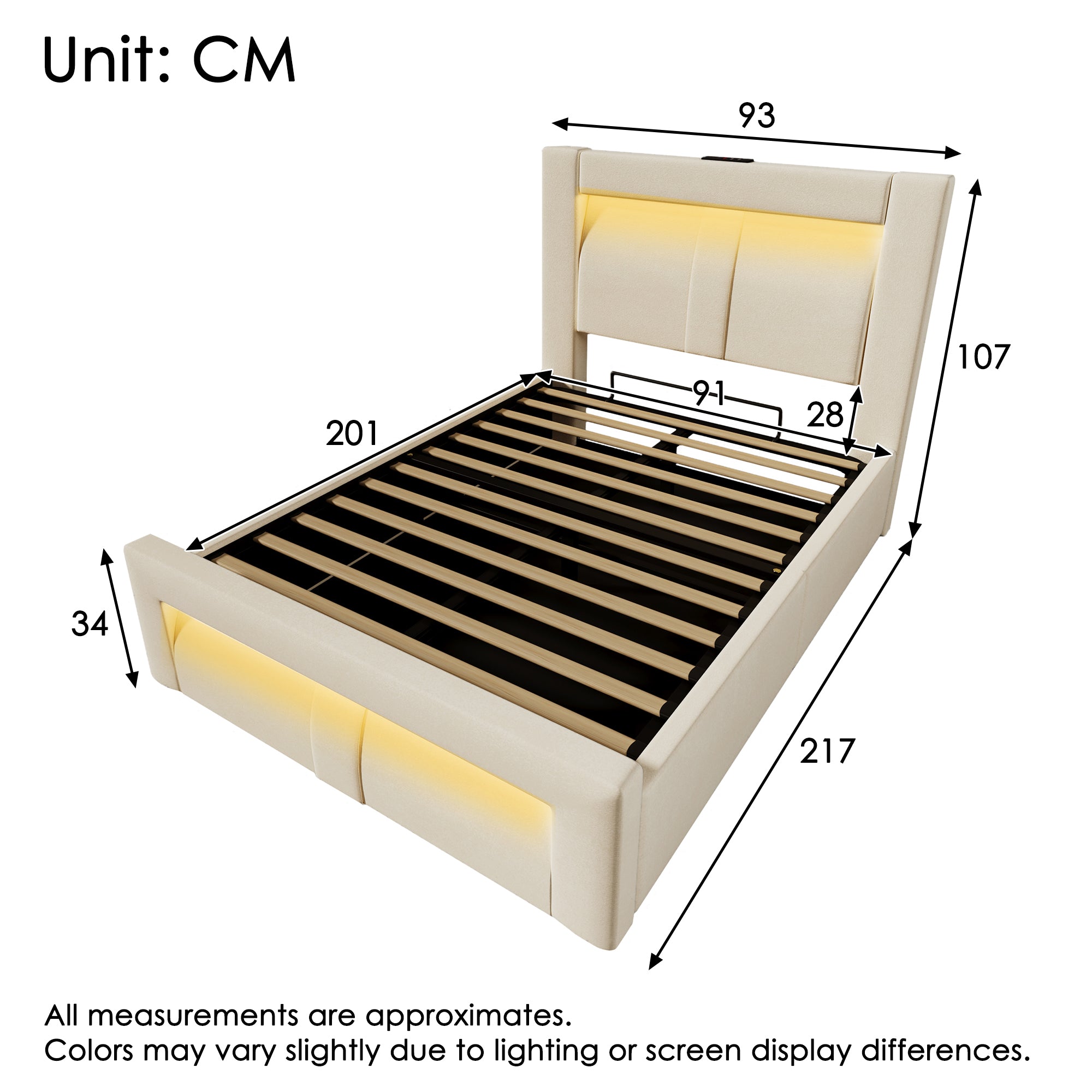 Single Bed with Hydraulic Storage, LED Lighting and Charging Ports, Beige Velvet