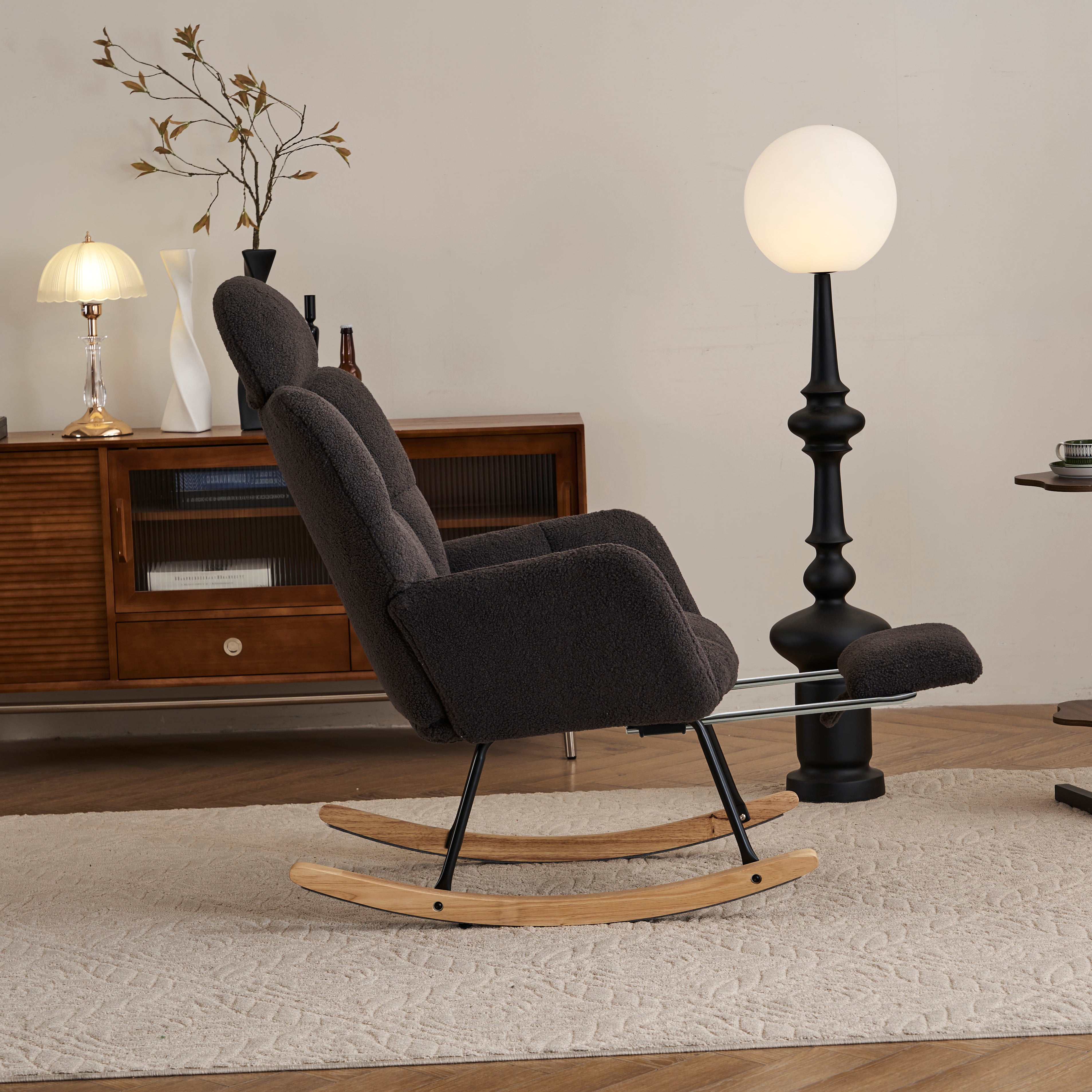 Teddy Rocking Chair Tufted Upholstered Padded Seat Headrest Foldable Footrest, Dark Grey