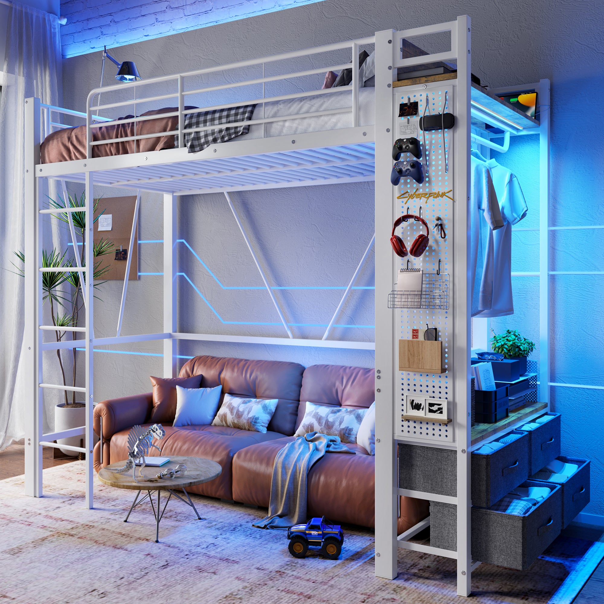 Loft Bed 90x200cm 4 Drawers USB/Type-C LED Pegboard Drying Rack - White Iron Frame