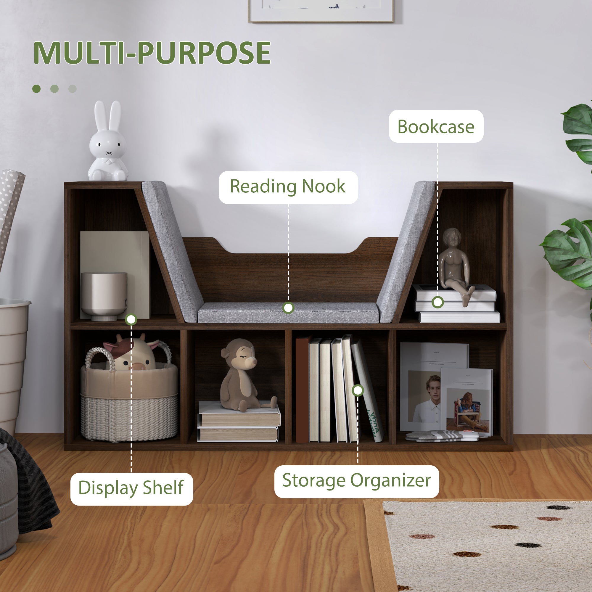 Bookcase Storage Shelf with Cushioned Reading Seat, Cube Organizer, Chestnut