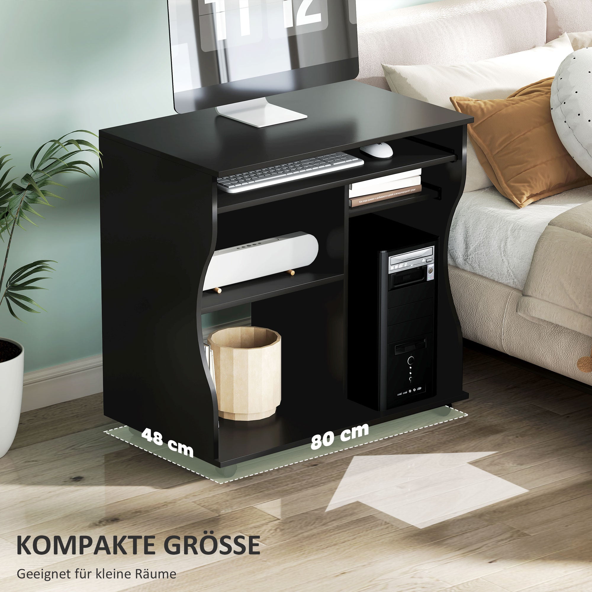 Computer Desk with Wheels, Keyboard Tray, Storage, Black