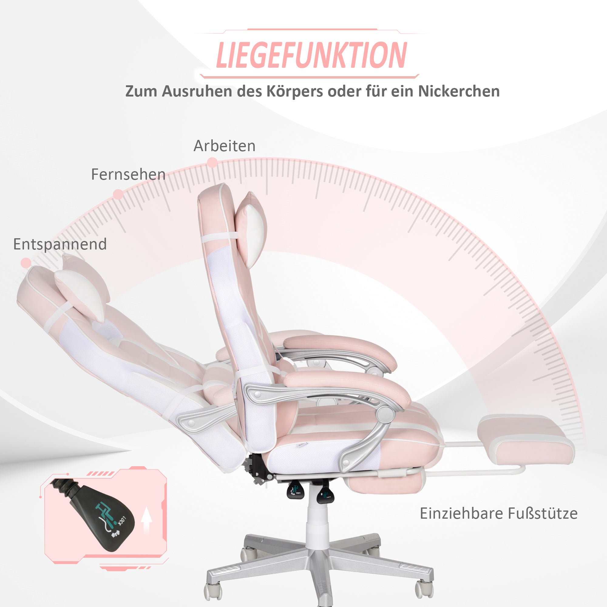 Gaming Chair, Height-Adjustable Swivel with Footrest, Pink Faux Leather