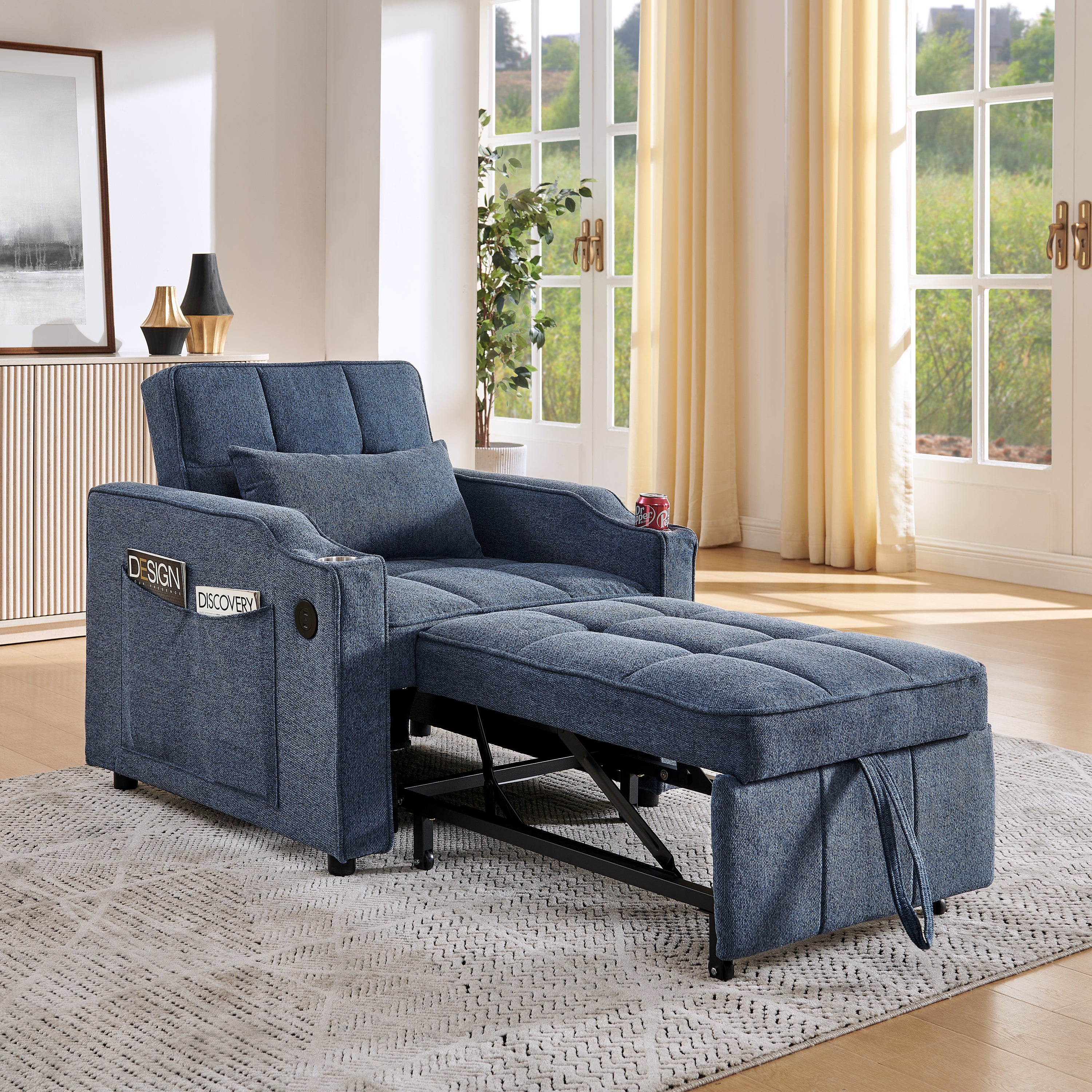 3-in-1 Sofa Bed with Slide-to-Transform Design and USB Charging, Navy Blue