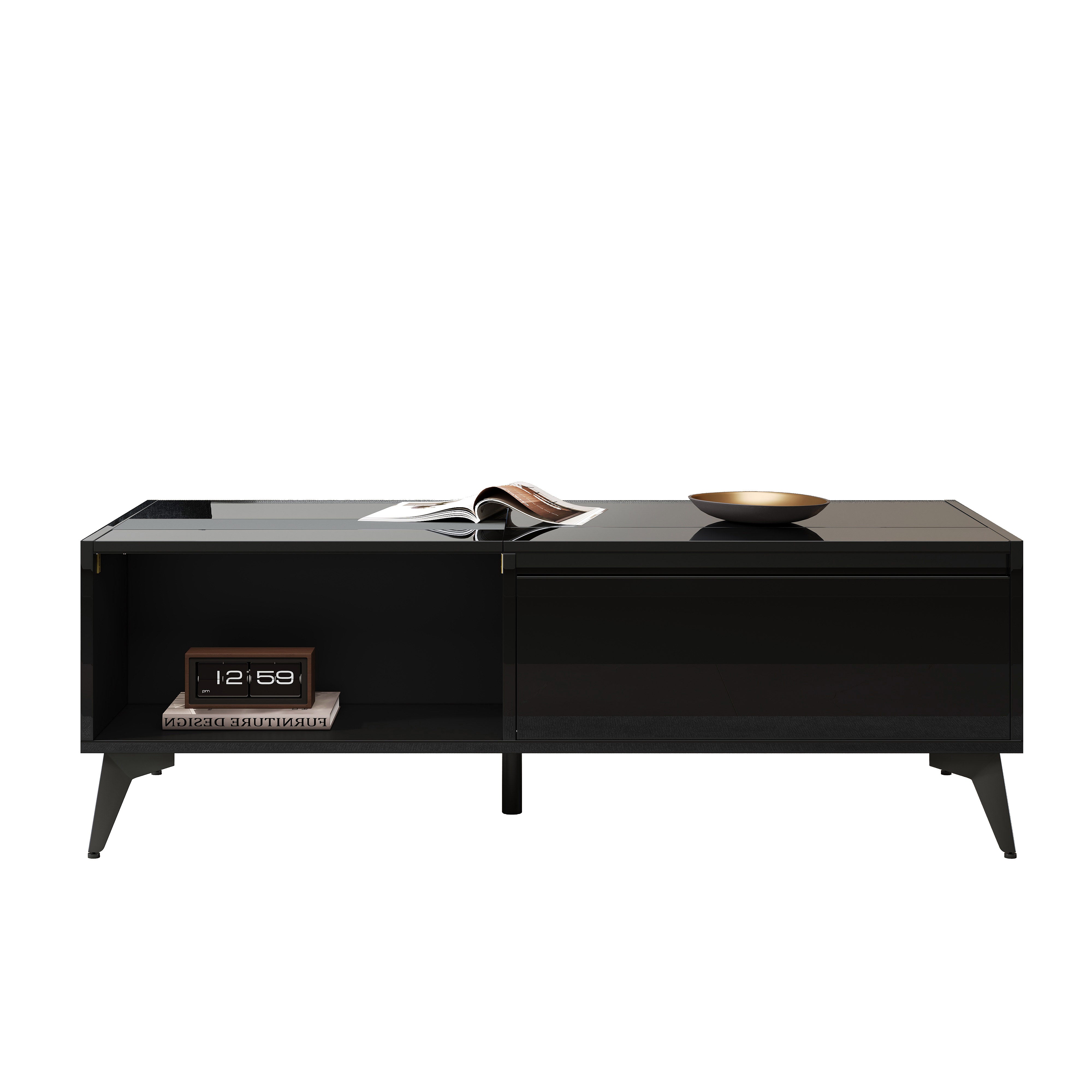 High-Gloss Coffee Table Height-Adjustable Folding Dining Table - Black
