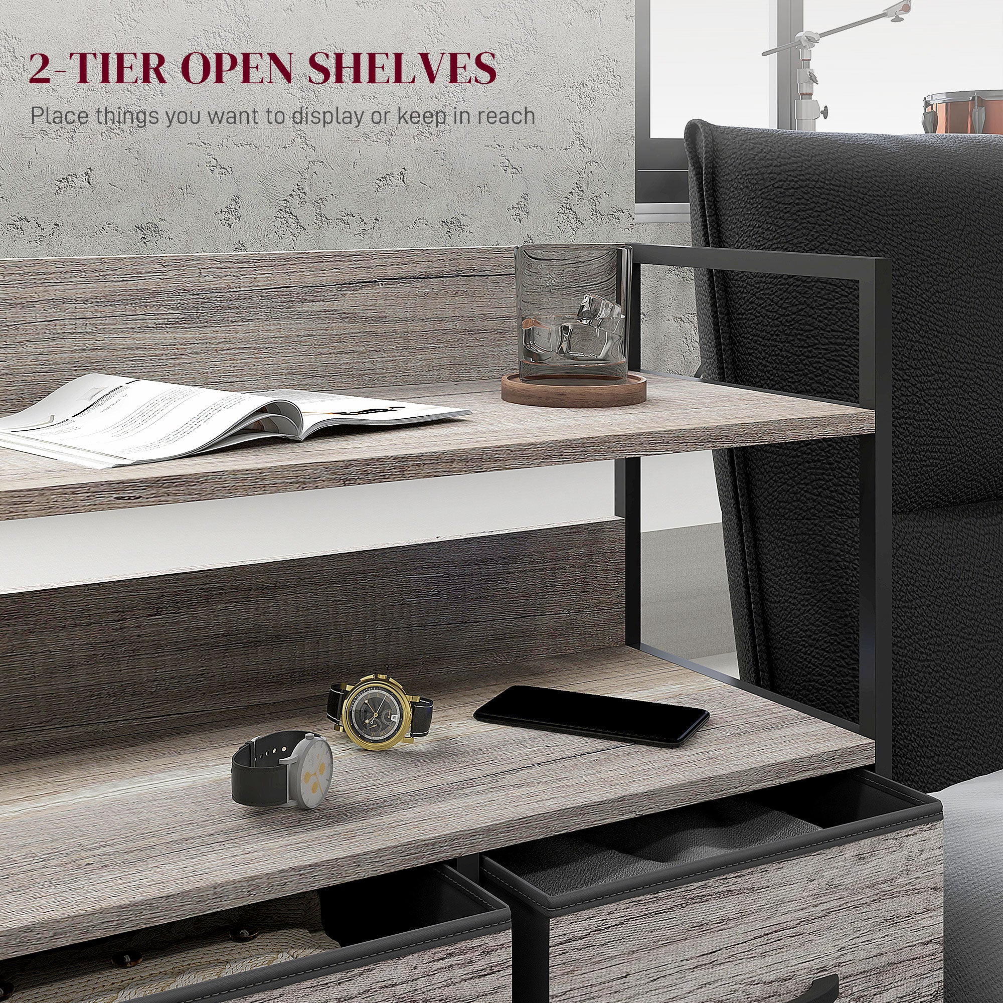 Rustic Chest, Five Fabric Drawers, Grey Wood Effect