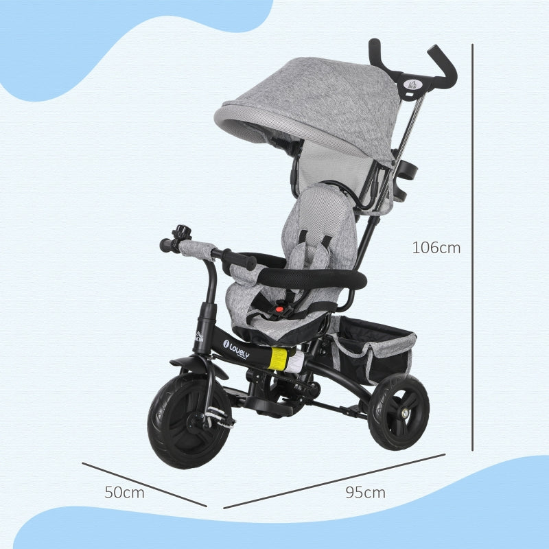 6-in-1 Children's Tricycle with Push Bar, Canopy and Storage Basket, Grey