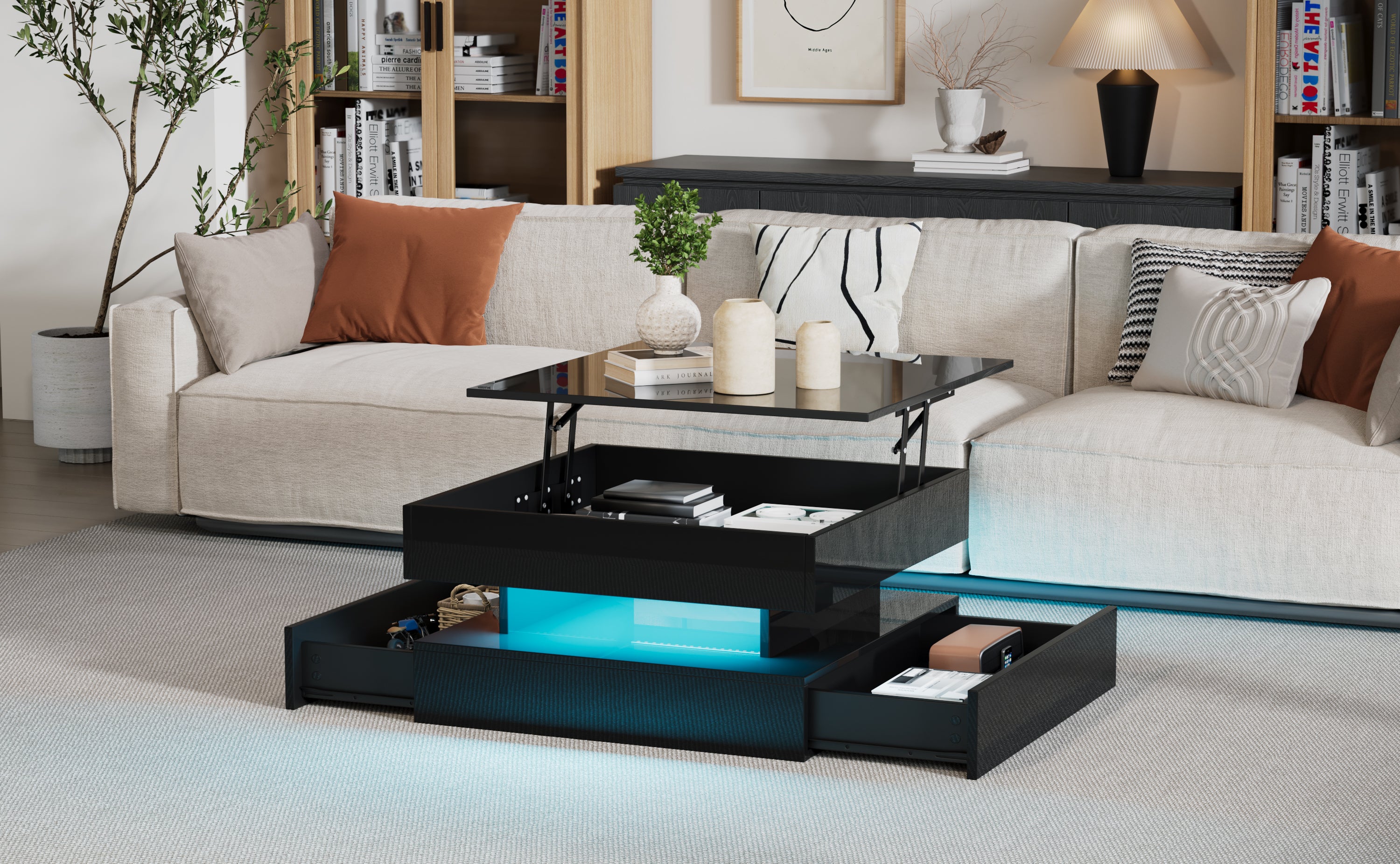 Liftable Coffee Table, 65 x 65 x 38.5 cm, High-Gloss with LED Light Strip, 2 Drawers, Black