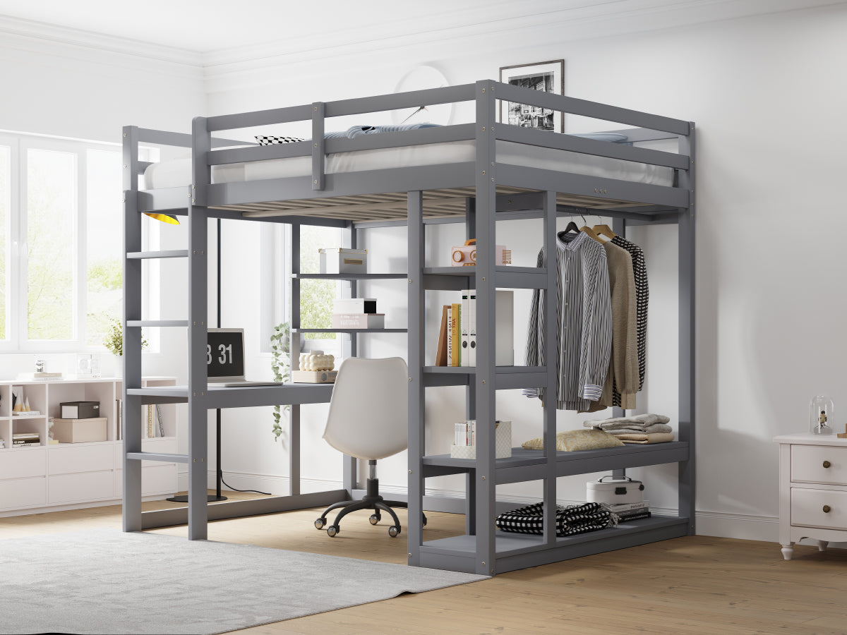 Loft Bed with Ladder, Table & Shelves, 140x200 cm, Solid Wood Grey
