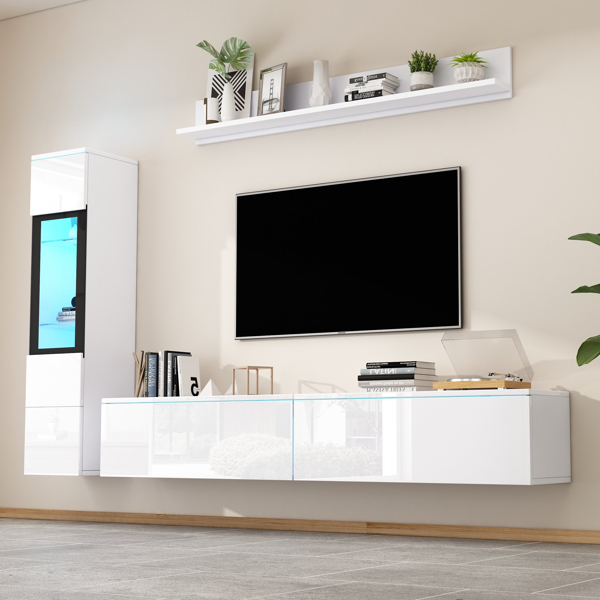 TV Wall Unit Set, 3-Piece LED Lighting, High Gloss White