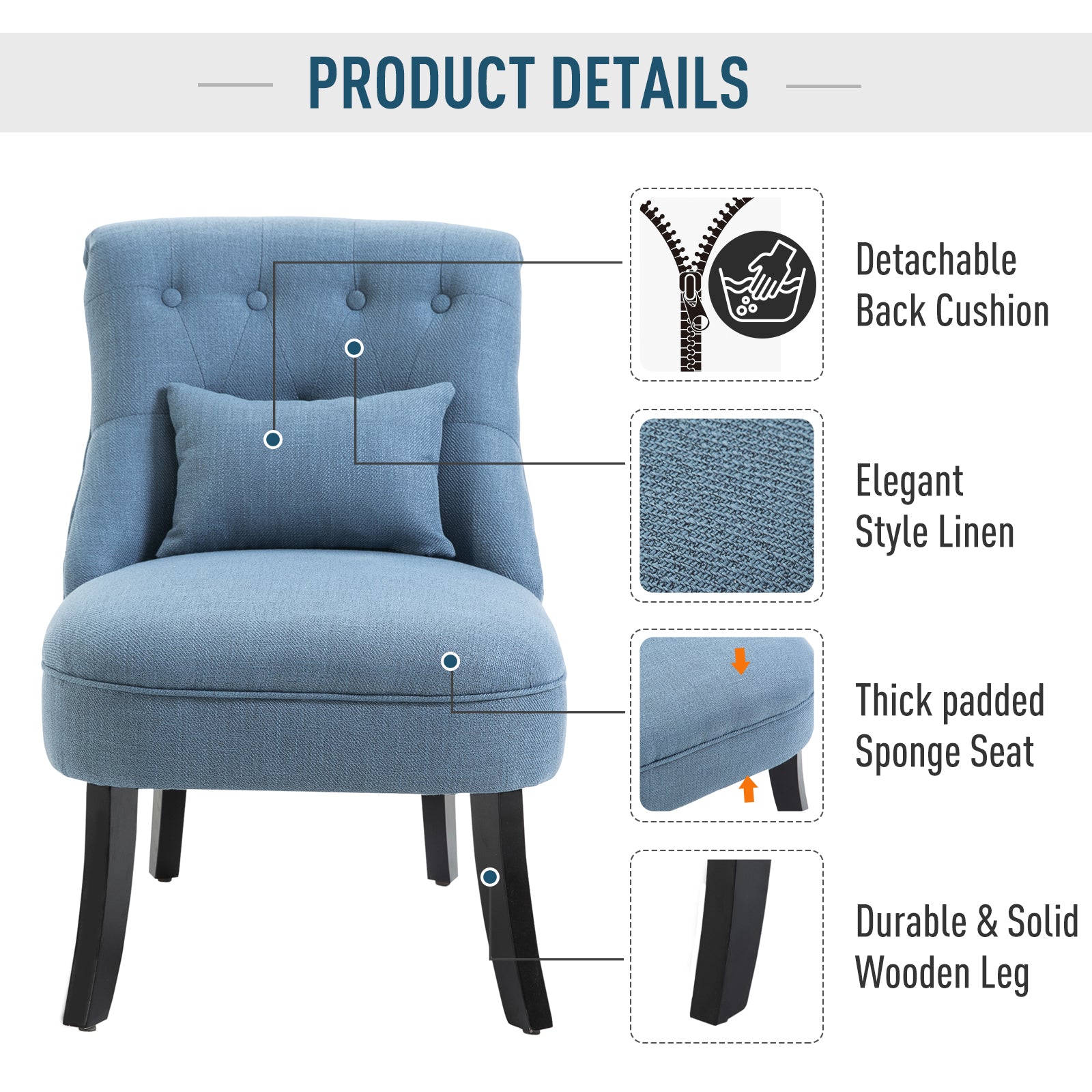 Fabric Single Sofa Tub Chair Upholstered with Pillow Solid Wood Leg Blue