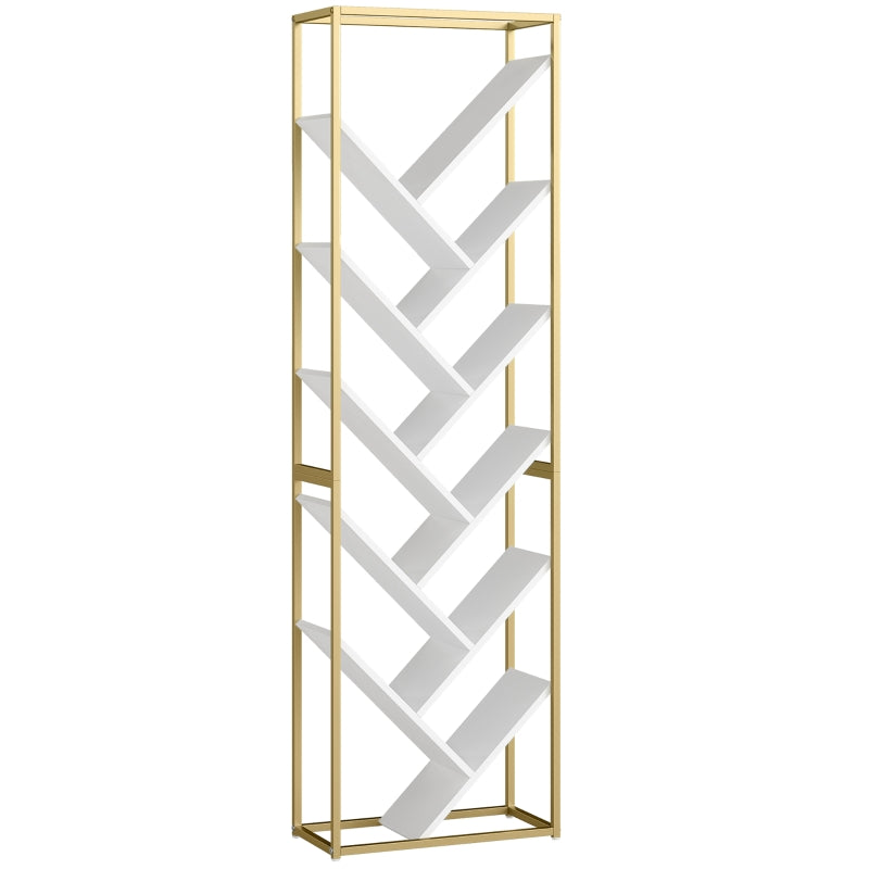 10 Shelf Bookshelf Tree Design Slim Modern Style Gold Tone/White
