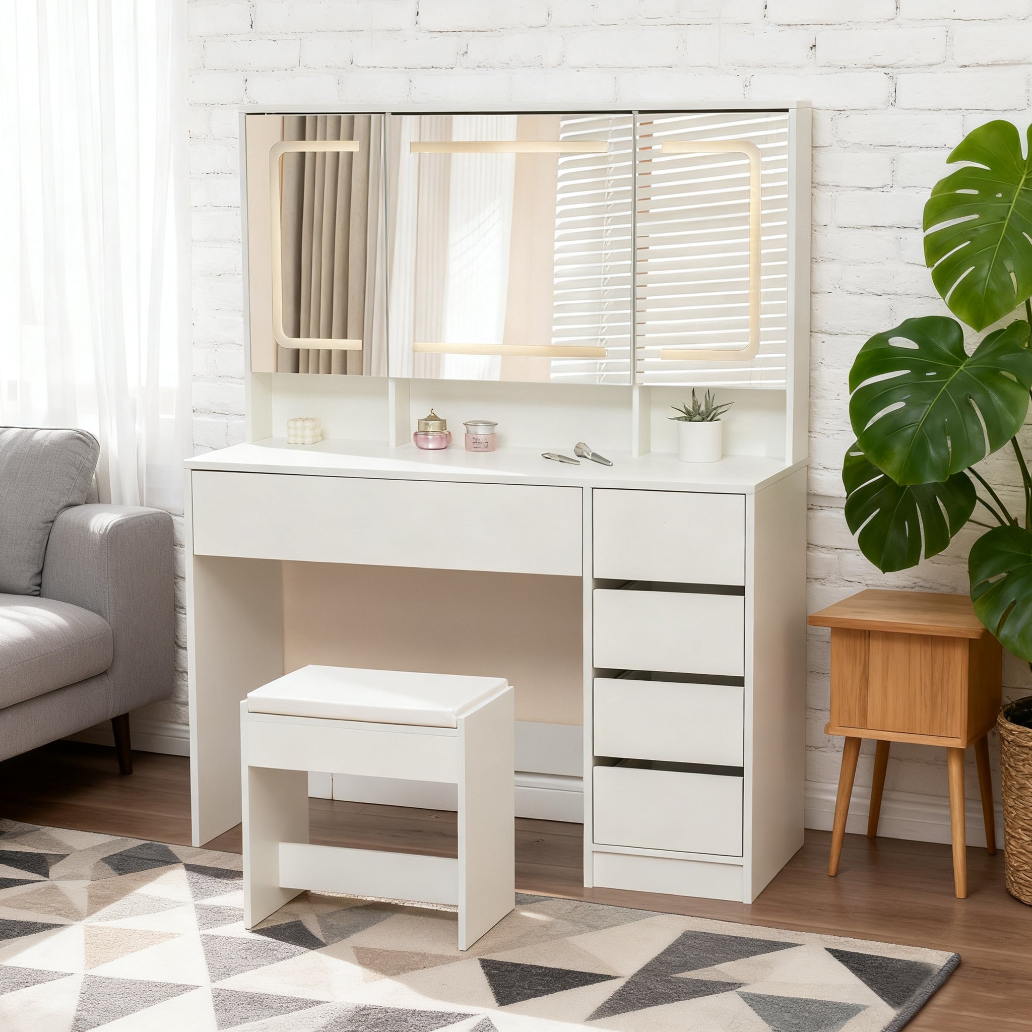 Dressing Table Vanity Set with Stool, Lighting, Mirror, White