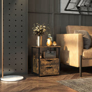 Industrial Side Table with Drawer and Storage Shelf, Slim Nightstand, Rustic Brown