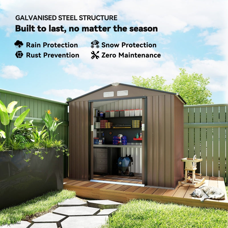 7 x 4ft Garden Shed, Outdoor Storage with Double Doors and Ventilation, Brown Metal